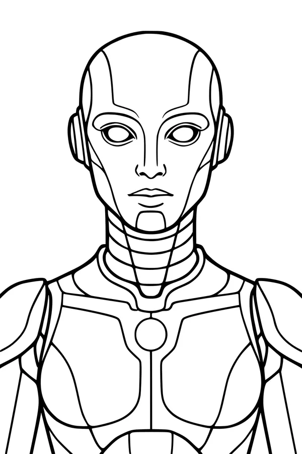 Free Android Robot Coloring Page - Futuristic Female Guardian Portrait (Printable PDF)