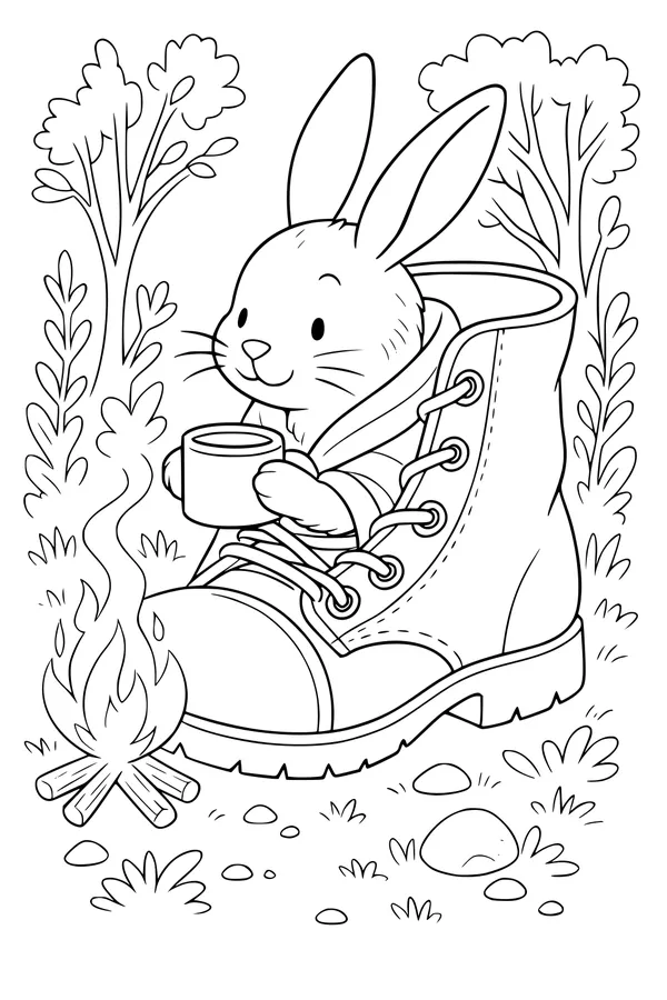 Free Rabbit Coloring Page - Camping Bunny in a Forest Boot (Printable PDF)