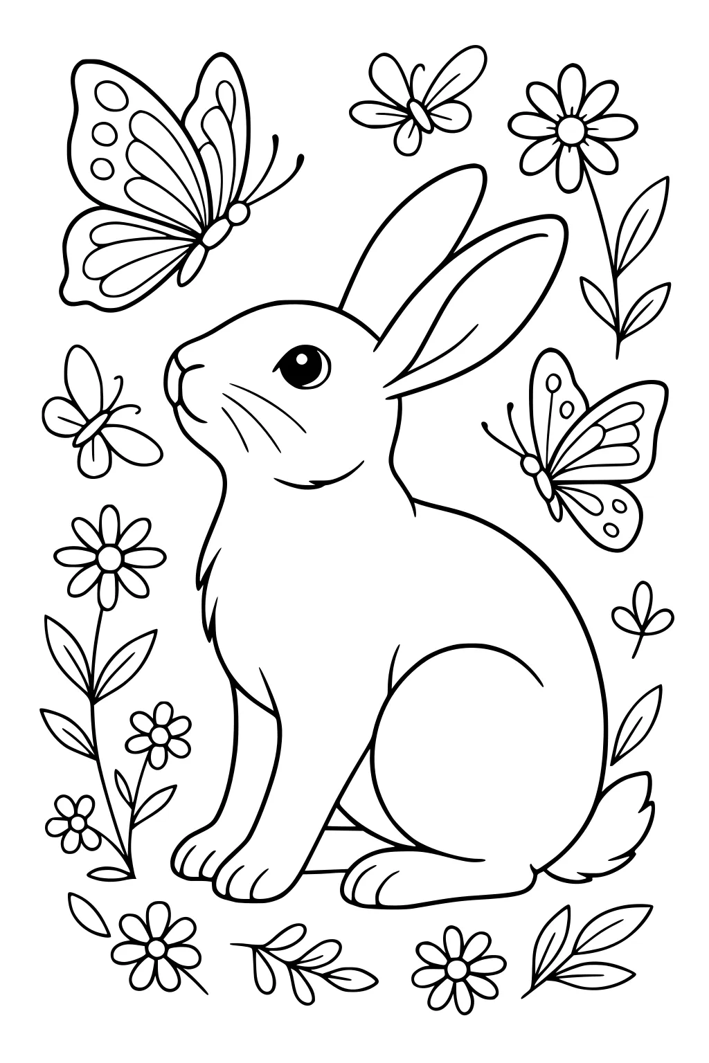 Rabbit sitting among flowers with three butterflies and leafy plants around it.