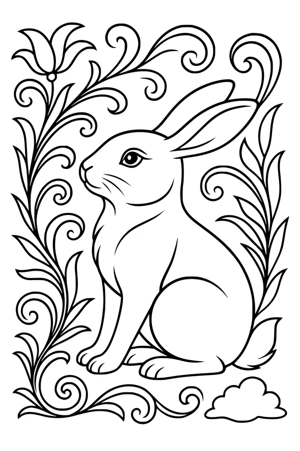 Free Rabbit Coloring Page - Garden Bunny Among Swirling Leaves (Printable PDF)