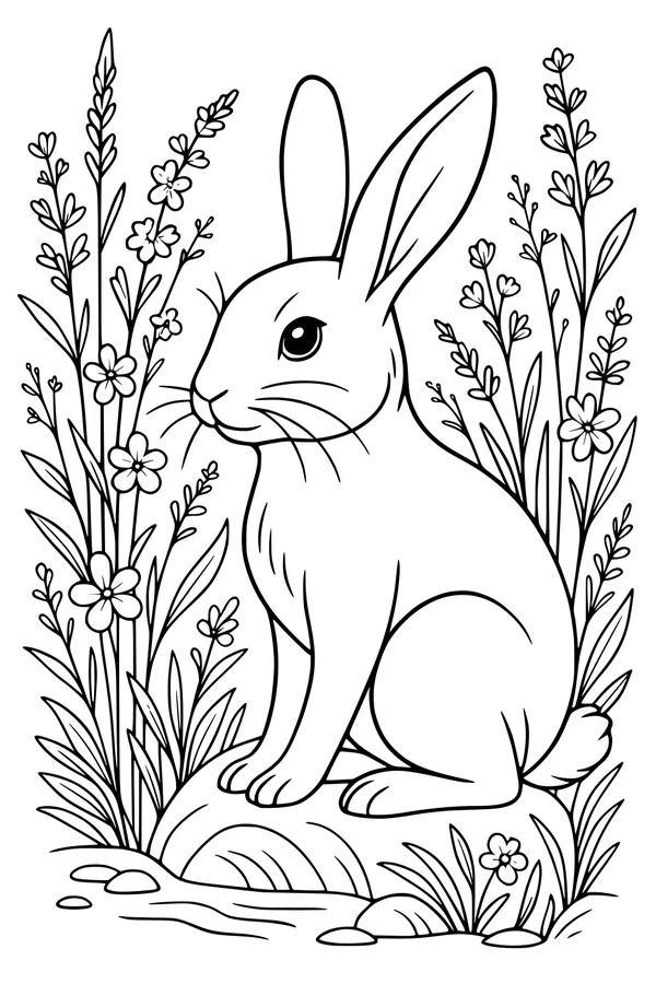 Free Rabbit Coloring Page - Bunny in a Wildflower Garden (Printable PDF)