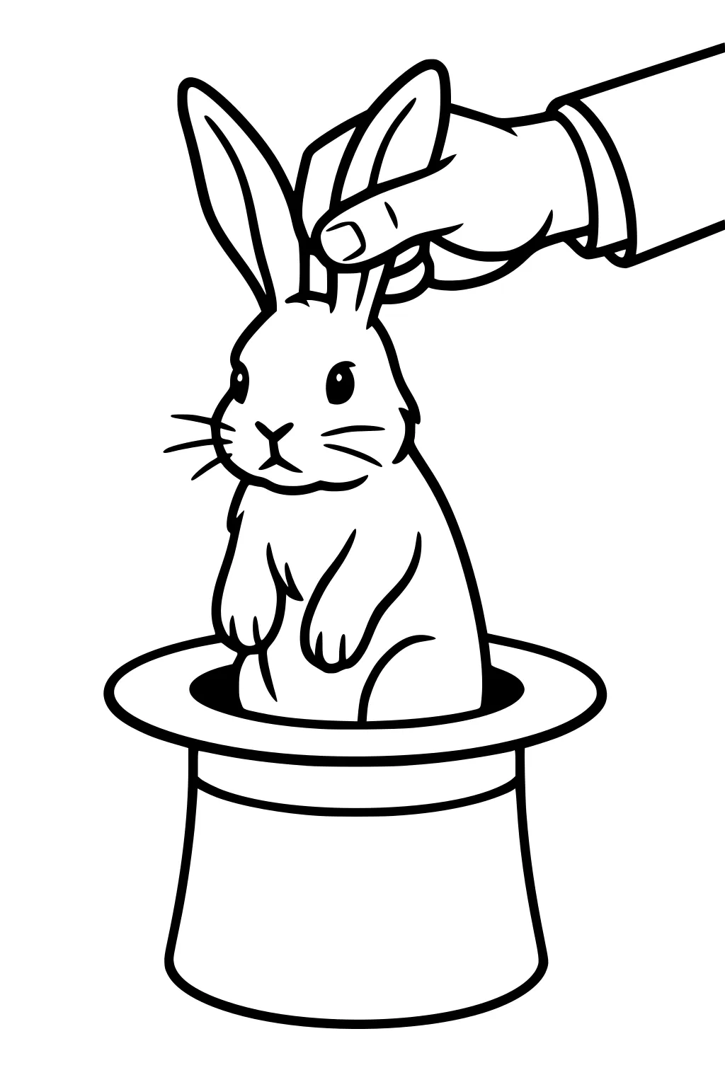 Rabbit lifted by magician's hand out of a top hat, with long ears and round eyes, above a simple plain background.