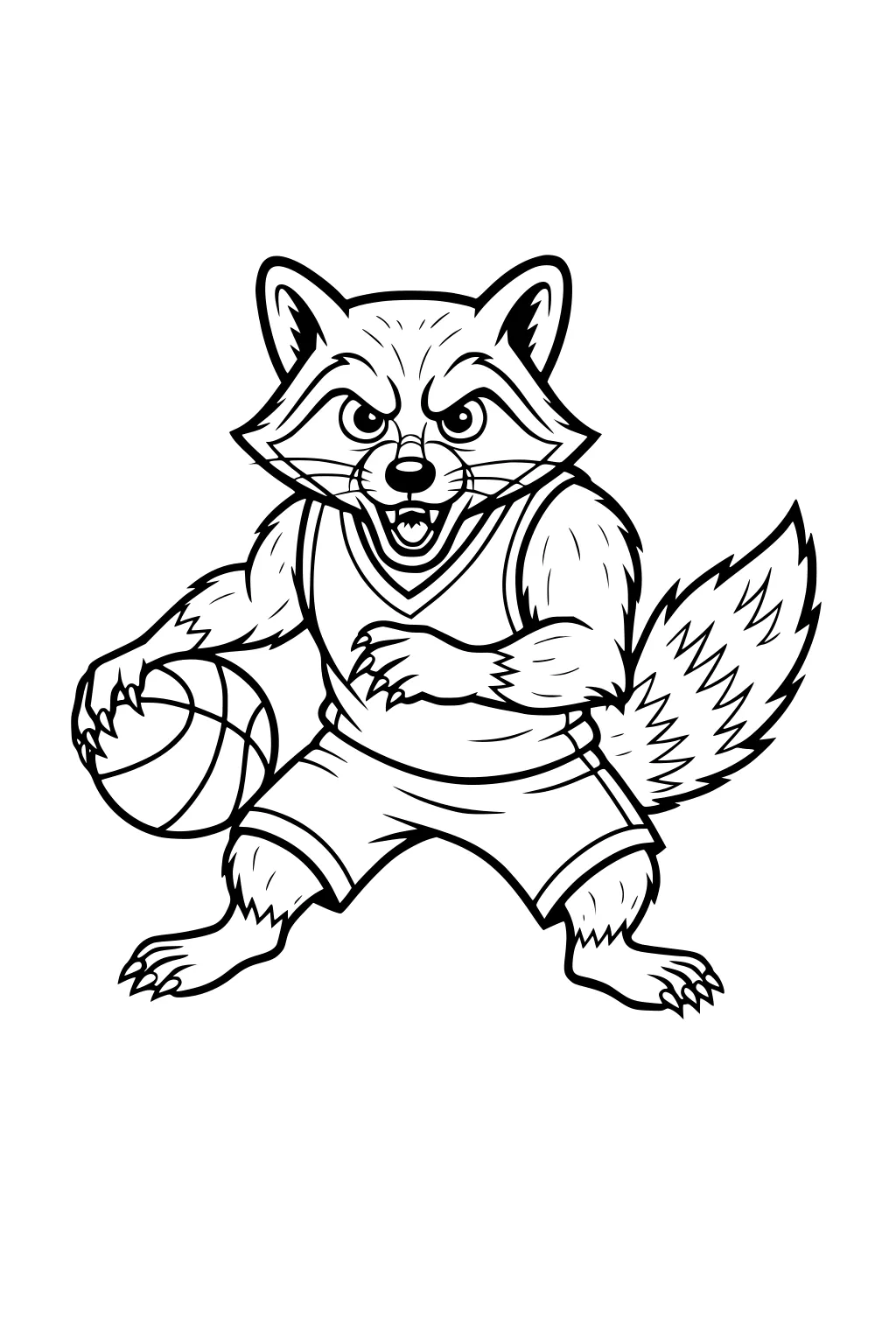 Raccoon in a basketball uniform holding a ball with both hands, standing upright with fluffy tail behind.