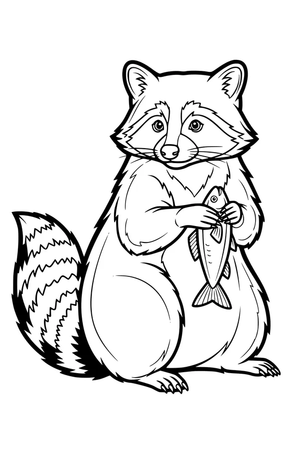 Free Raccoon Coloring Page - Cute Raccoon Holding a Fish (Printable PDF)