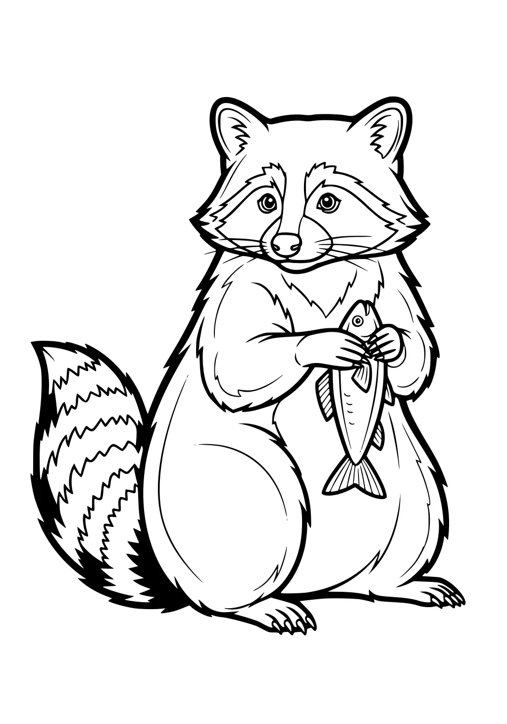 A raccoon sits upright and holds a fish with both paws. Its striped tail curls behind, and its face looks forward.