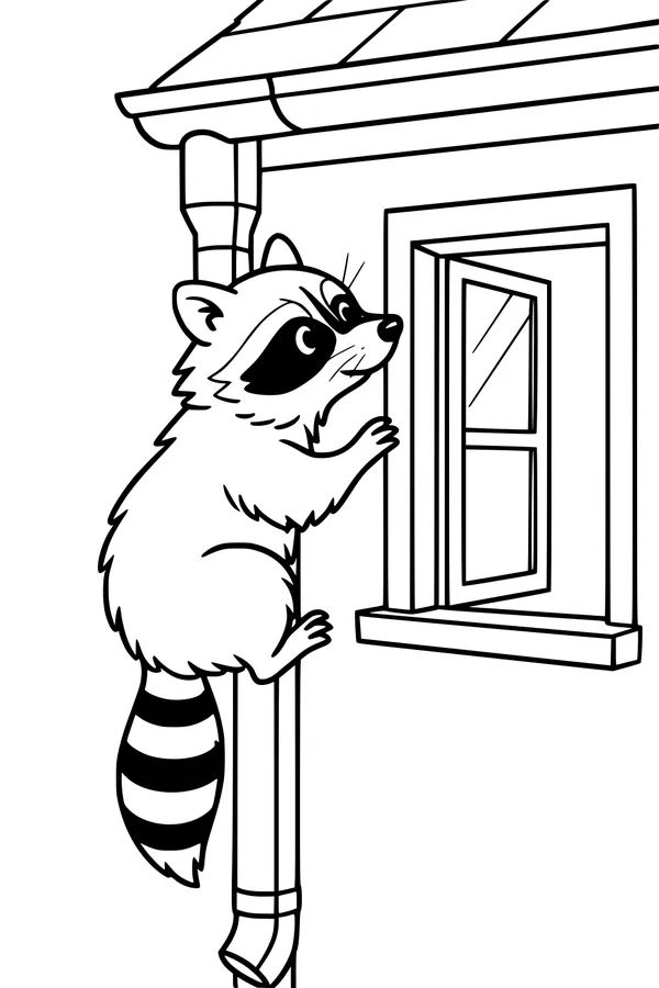 Free Raccoon Coloring Page - Sneaky Visitor at the Window (Printable PDF)