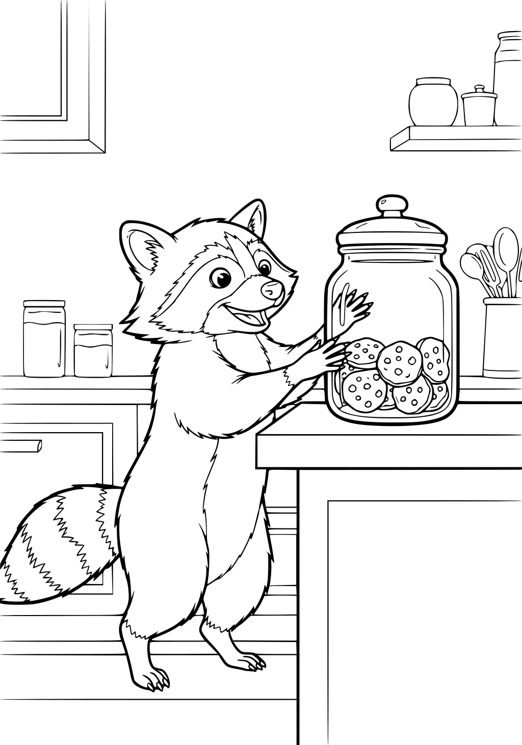 Raccoon in a kitchen with paws on a cookie jar, cookies inside, shelves and utensils in the background.