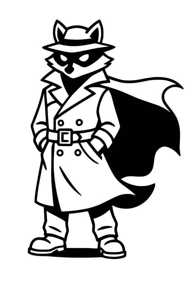 Free Raccoon Coloring Page - Detective in Trench Coat and Cape (Printable PDF)
