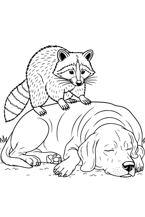 Free Raccoon Coloring Page - Climbing Onto Sleeping Dog in Backyard (Printable PDF)