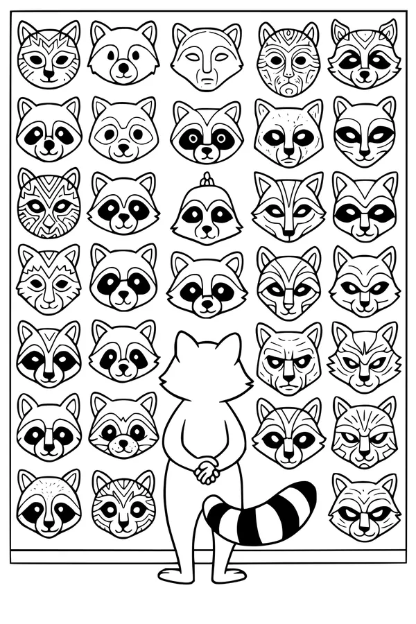 Free Raccoon Coloring Page - Funny Mask Faces Gallery (Printable PDF)