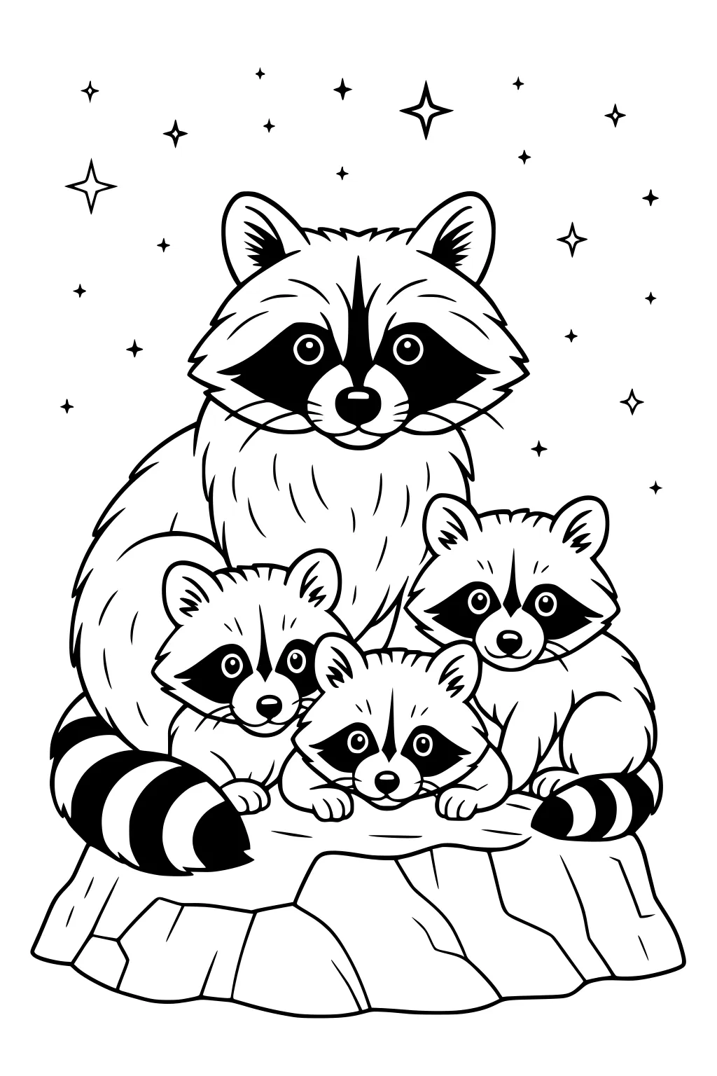 Four raccoons, one large and three small, sit on a tree stump with stars in the background.