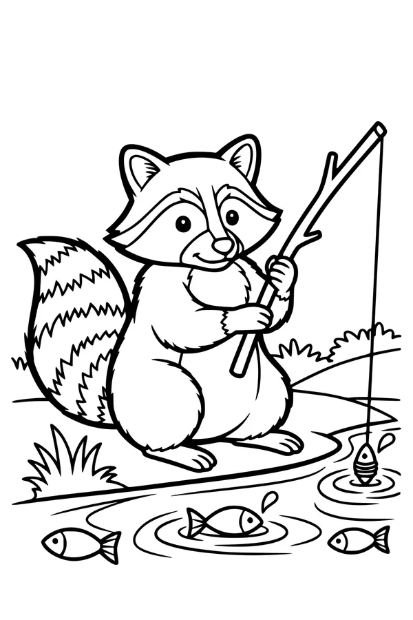 Free Raccoon Coloring Page - Rascal Fishing by the Pond (Printable PDF)