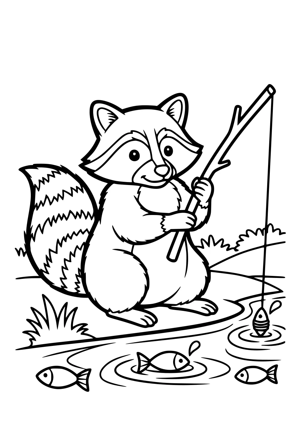 A raccoon sits by a pond holding a stick fishing rod, with three fish swimming in the water and grass in the background.