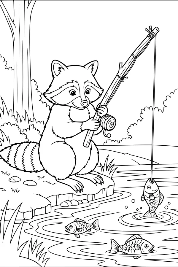 Free Raccoon Coloring Page - Cute Riverbank Fishing Scene (Printable PDF)