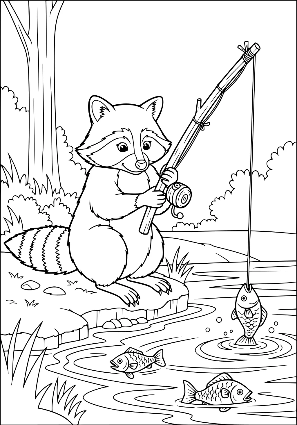 Raccoon fishing with a pole by the pond, fish on the line, two fish swimming, trees and grass along the riverbank.