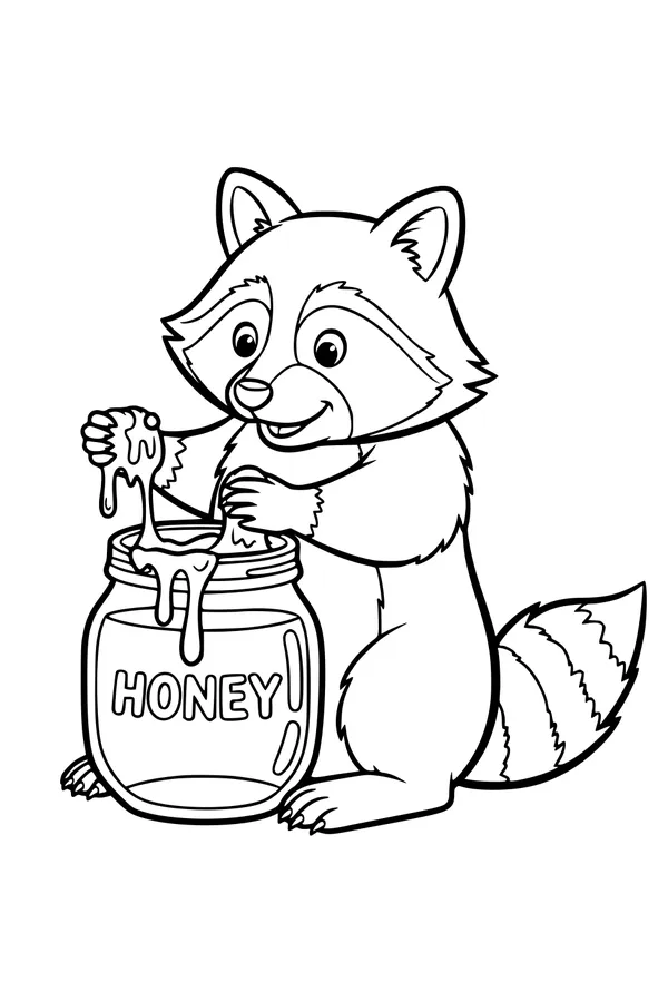 Free Raccoon Coloring Page - Smiling Raccoon With Honey Jar (Printable PDF)