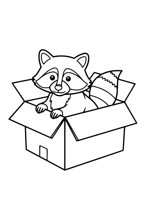 Free Raccoon Coloring Page - Cute Cartoon in a Cardboard Box (Printable PDF)