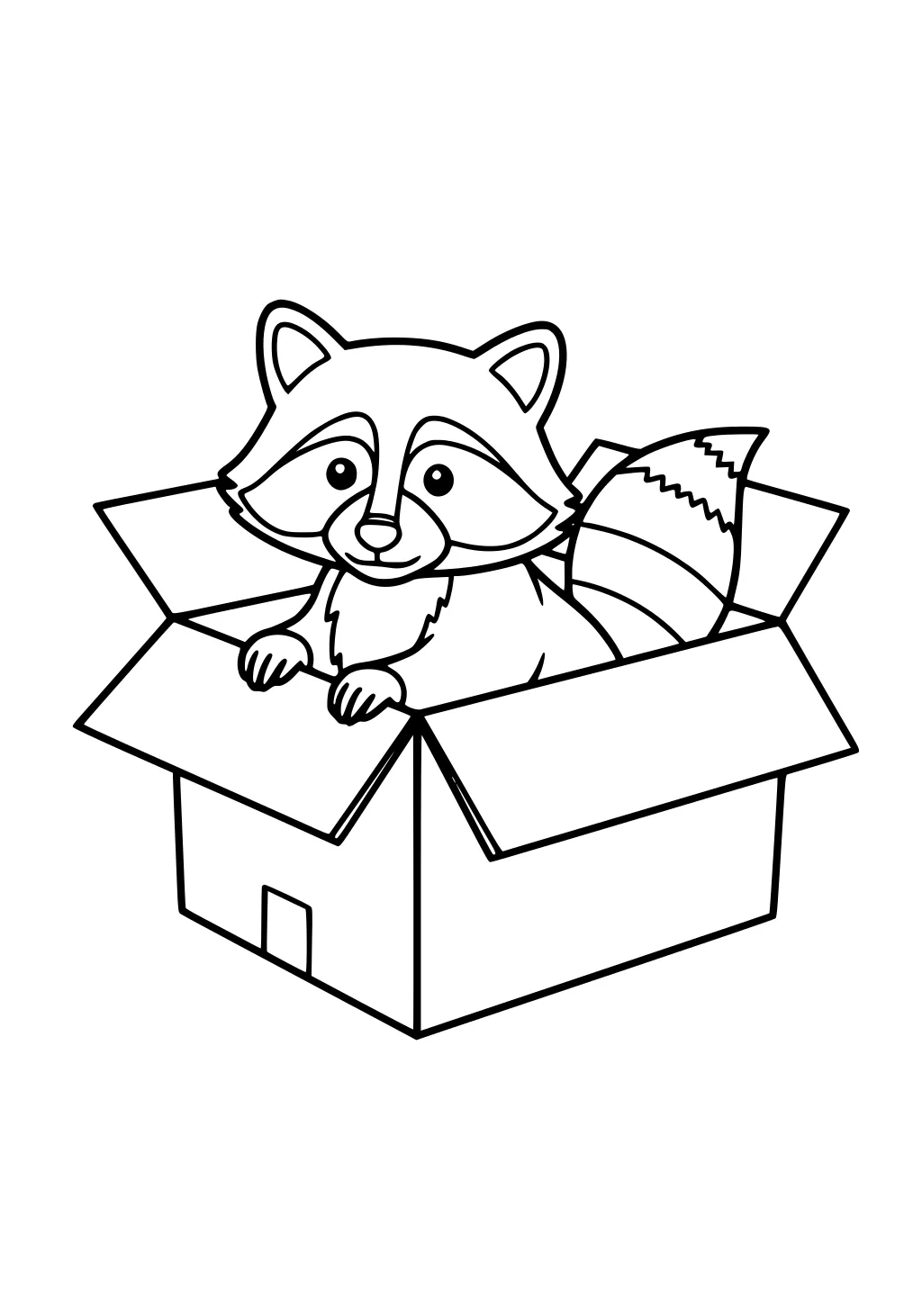 Cartoon raccoon peeking out from inside an open cardboard box, with big eyes and a striped tail.