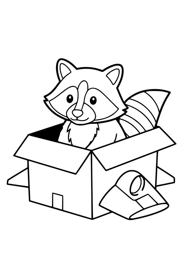 Free Raccoon Coloring Page - Rascal in a Cardboard Box (Printable PDF)