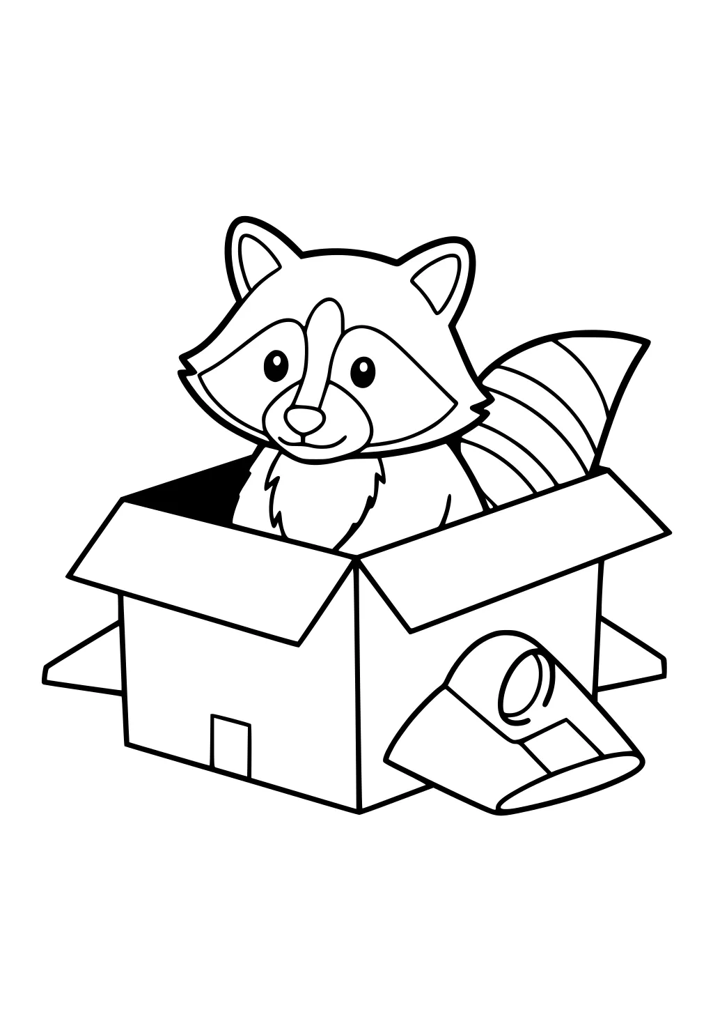 Raccoon sitting in a cardboard box with a flashlight nearby.
