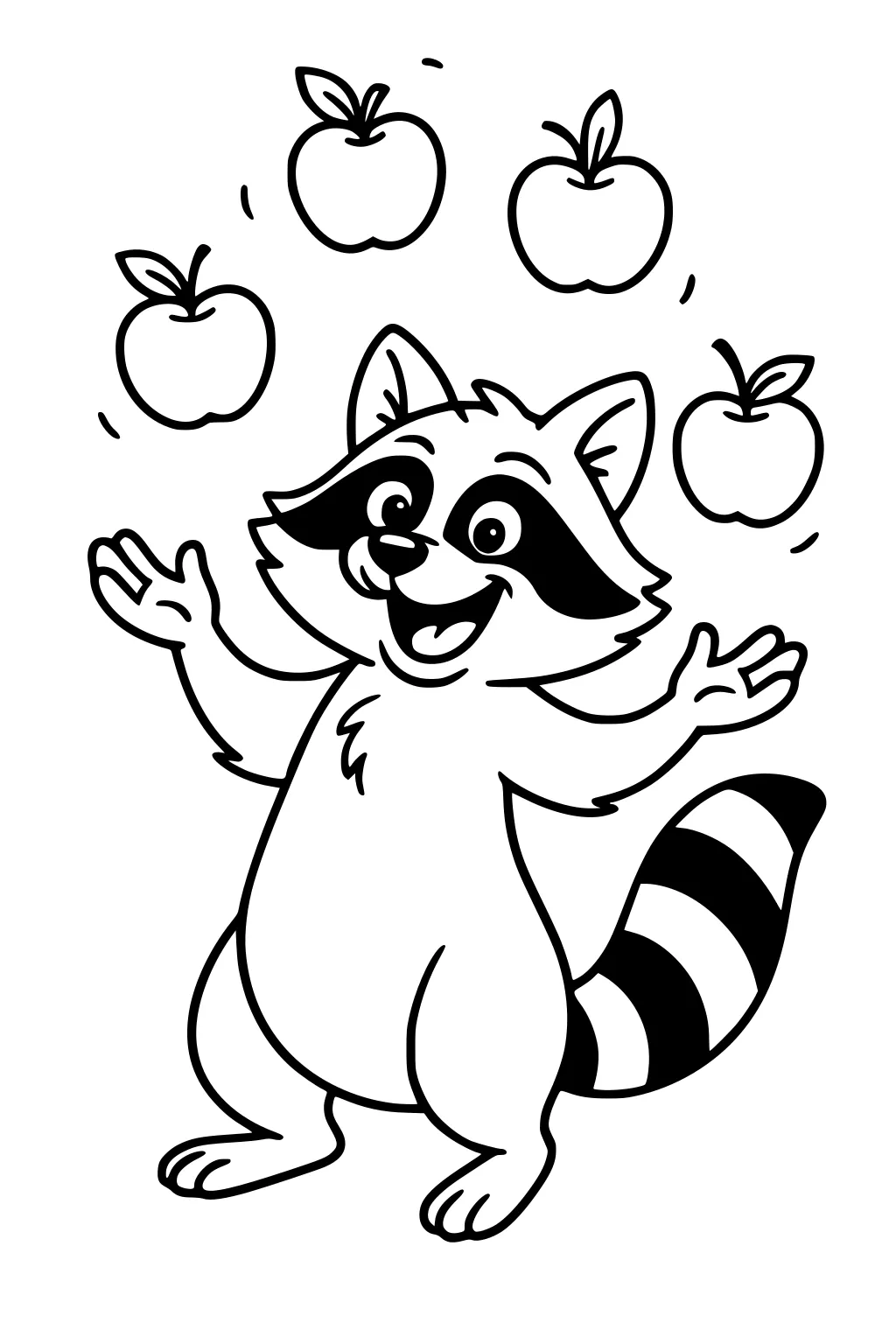 Cartoon raccoon standing up and juggling five apples, smiling with paws raised and striped tail showing.