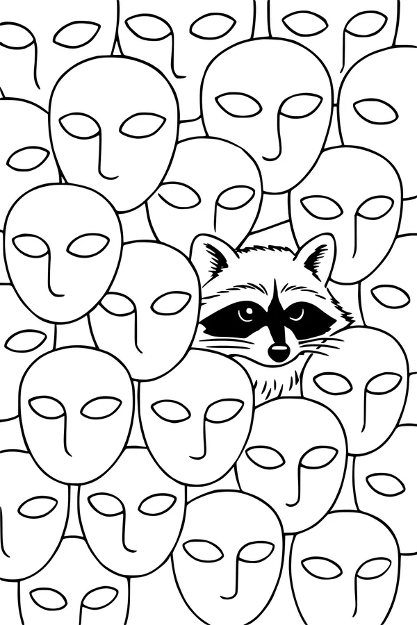 Free Raccoon Coloring Page - Sneaky Mask Parade Peekaboo (Printable PDF)