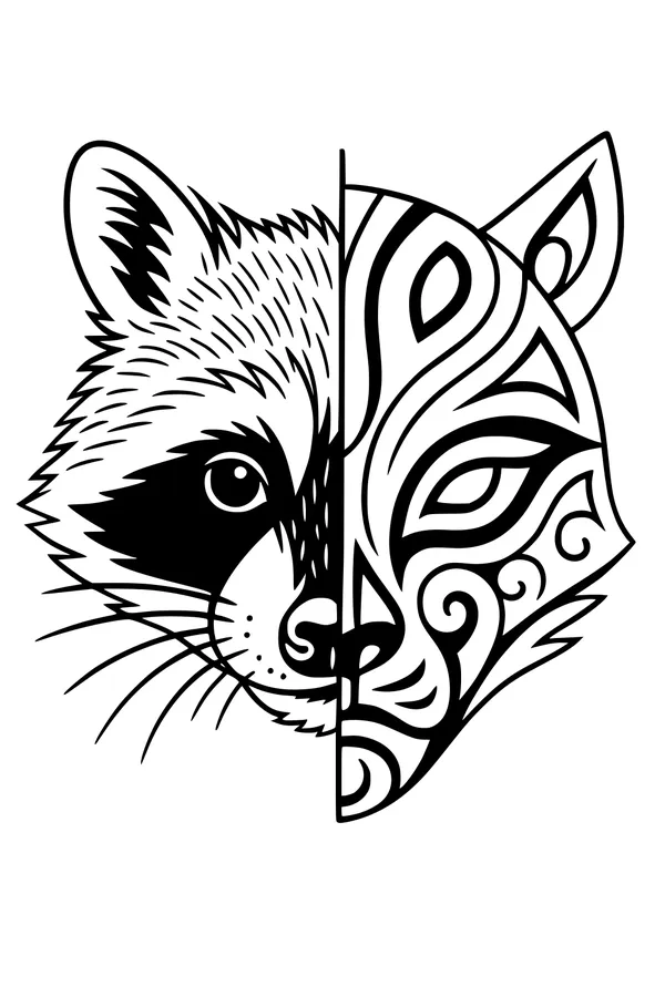 Free Raccoon Coloring Page - Split Face Realistic and Abstract (Printable PDF)