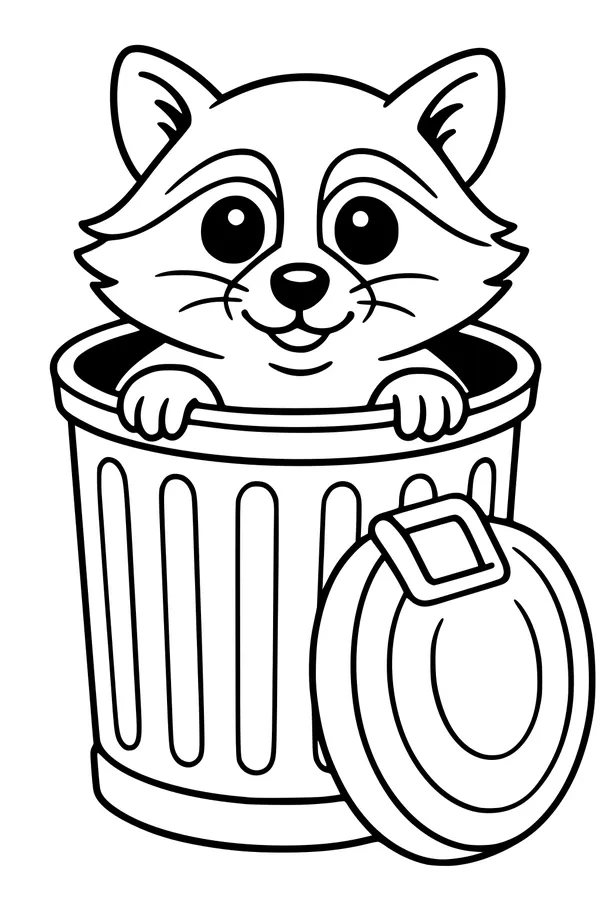 Free Raccoon Coloring Page - Cute Trash Can Peekaboo (Printable PDF)