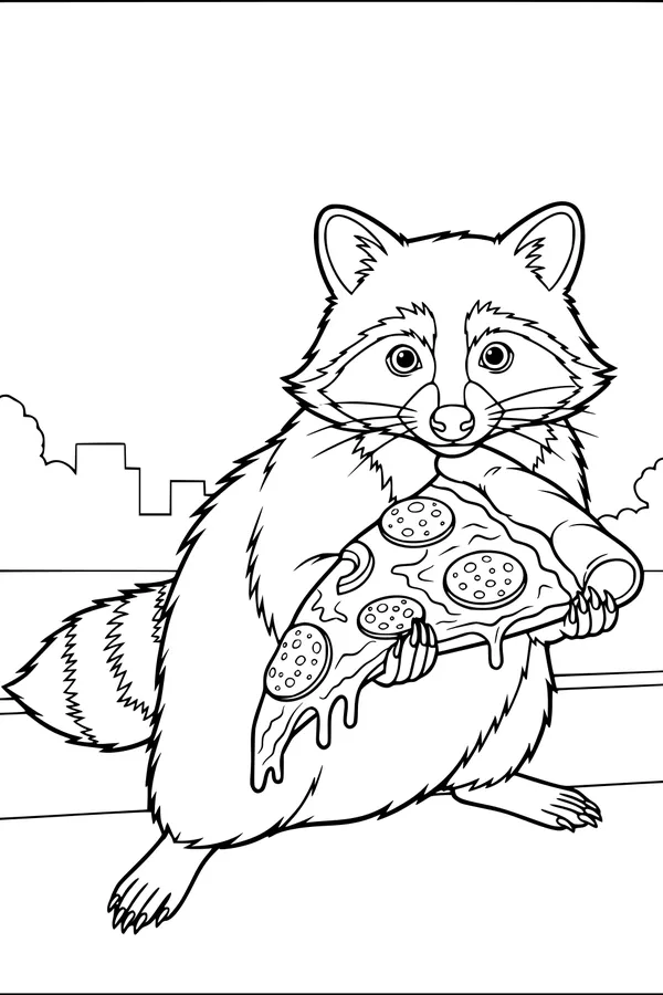Free Raccoon Coloring Page - Eating Pizza in the City Park (Printable PDF)