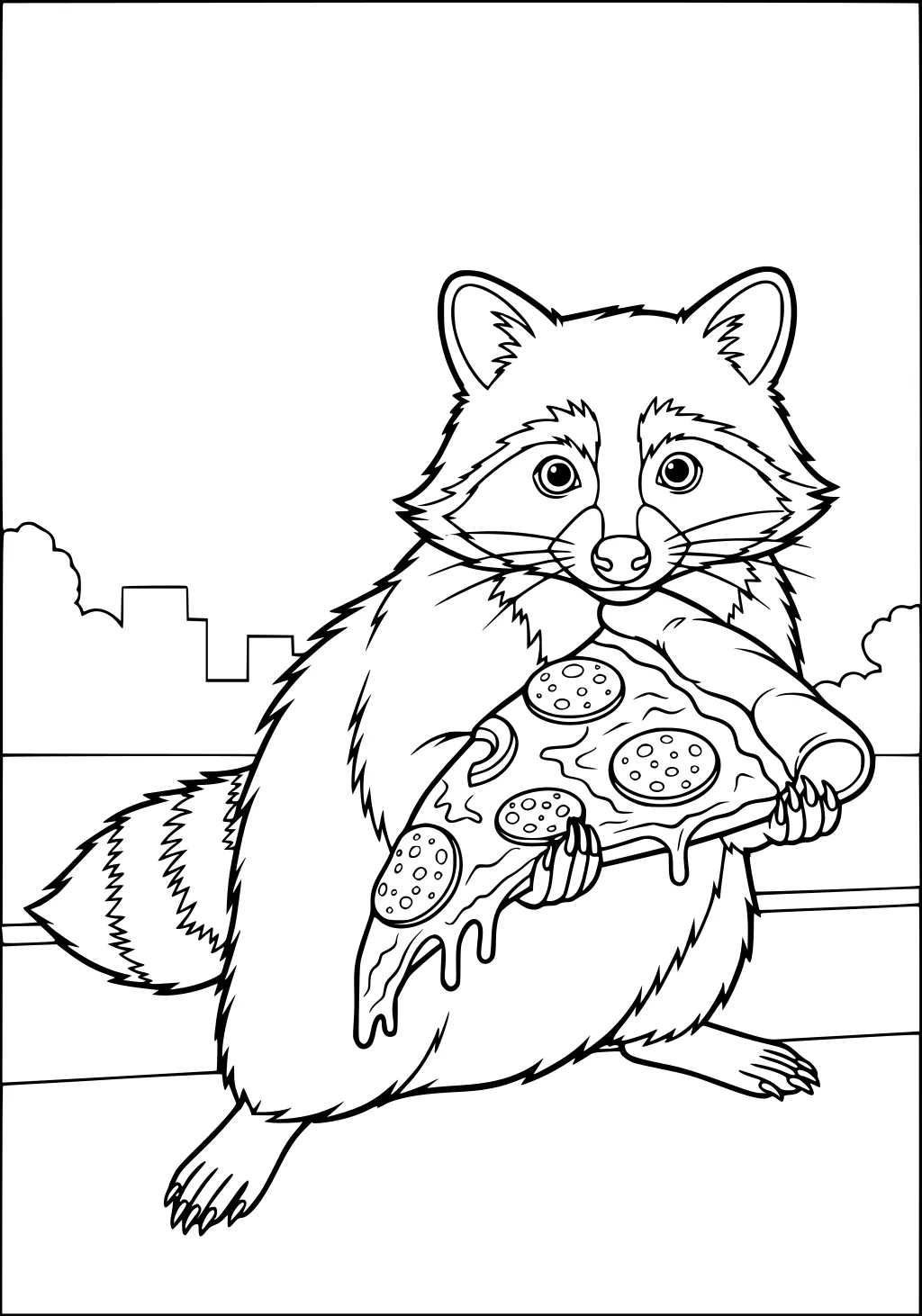 Raccoon sitting on a bench holding a pizza slice, with city buildings and trees behind.