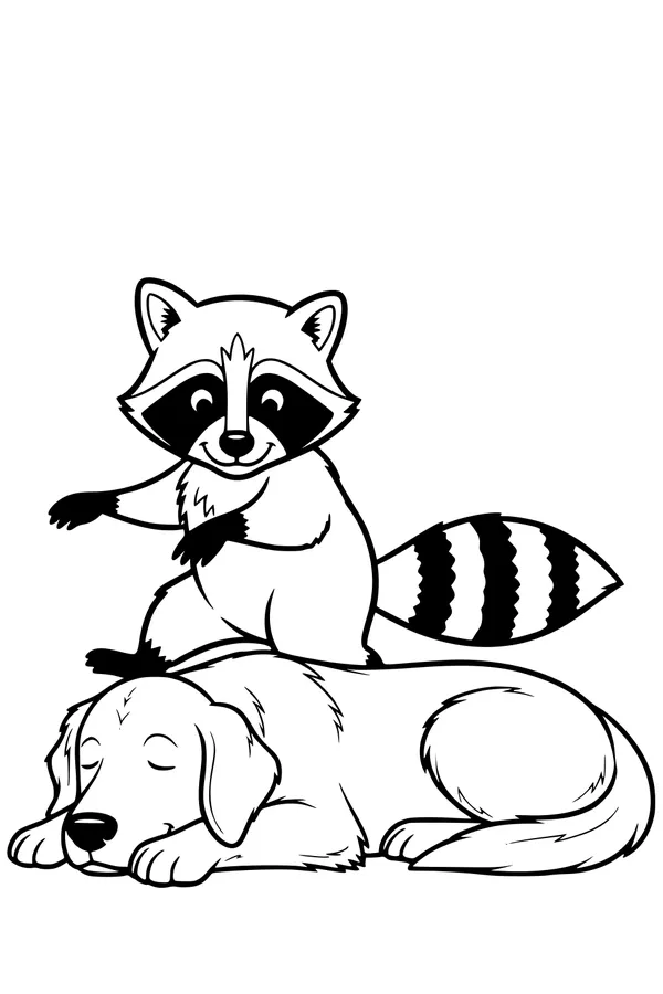 Free Raccoon Coloring Page - Playful Raccoon Resting on Dog (Printable PDF)