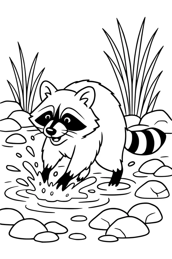 Free Raccoon Coloring Page - Splashing in a Forest Puddle (Printable PDF)