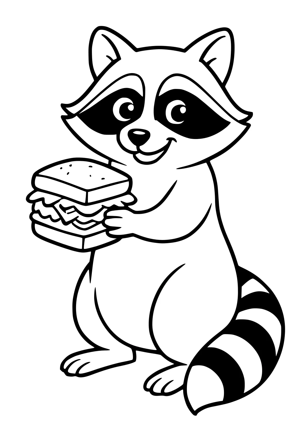 Happy raccoon holding a large sandwich with both paws, bushy striped tail visible.
