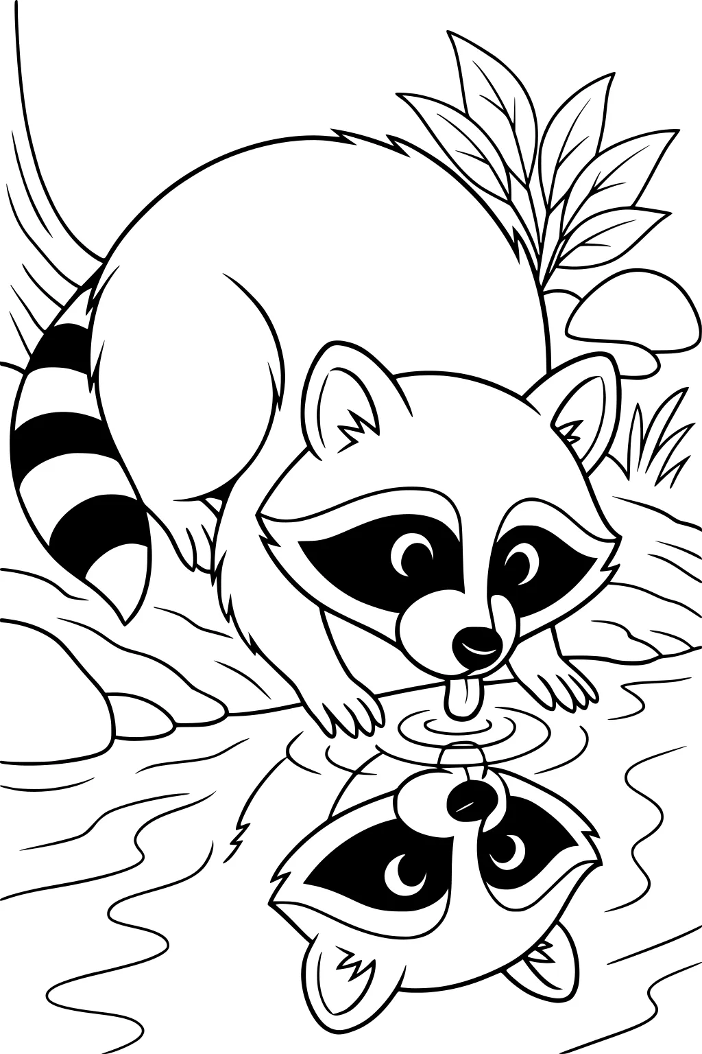Raccoon drinks from a stream, licking the water with his tongue. His reflection shows in the rippling pond. Stones and leaves surround him.