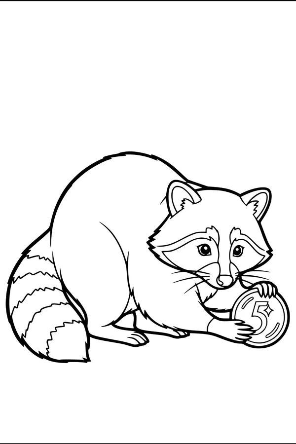 Free Raccoon Coloring Page - Rascal With Lucky Number Five Coin (Printable PDF)