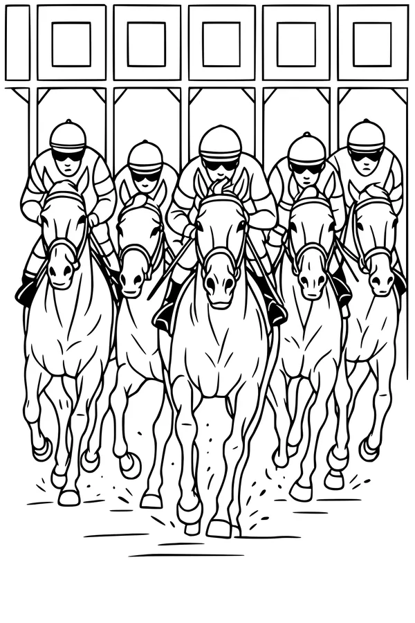 Free Horse Racing Coloring Page - Jockeys Bursting From Starting Gates (Printable PDF)
