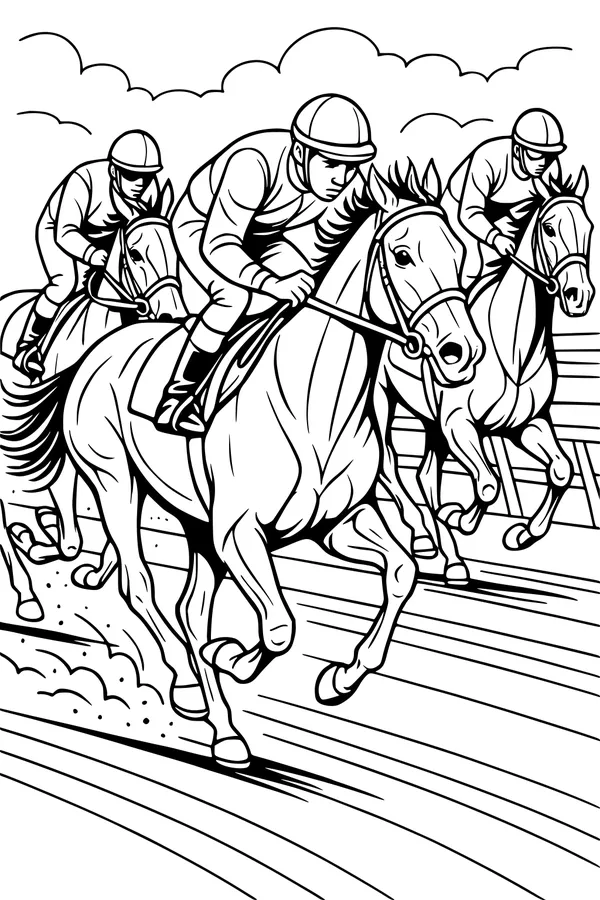 Free Horse Coloring Page - Galloping Racehorses With Jockeys (Printable PDF)