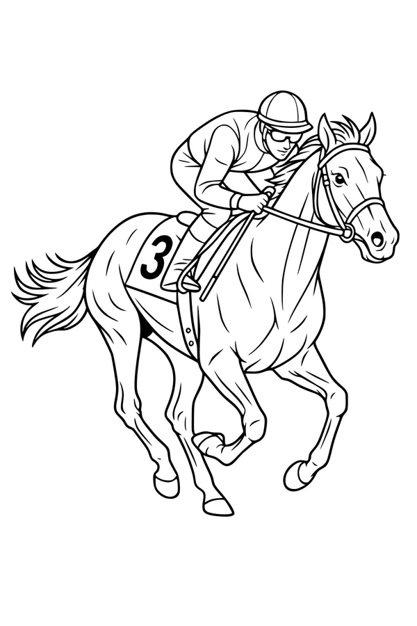 Free Racehorse Coloring Page - Jockey Riding at Full Gallop (Printable PDF)