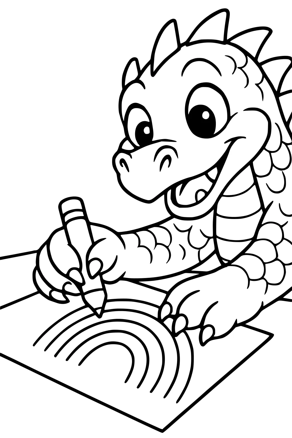 Cartoon baby dragon drawing a rainbow with a crayon, smiling with big eyes, scales and spikes, paws on paper at a table.