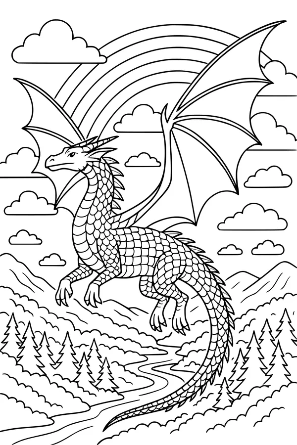Free Dragon Coloring Page - Rainbow Sky Over Mountain Forest (Printable PDF)