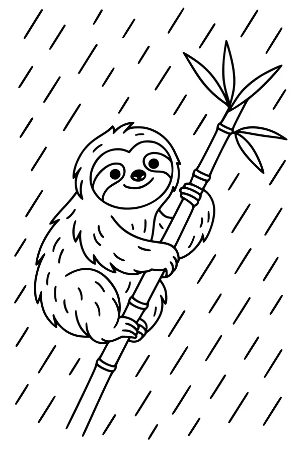Free Sloth Coloring Page - Smiling Sloth in Rainy Bamboo Forest (Printable PDF)