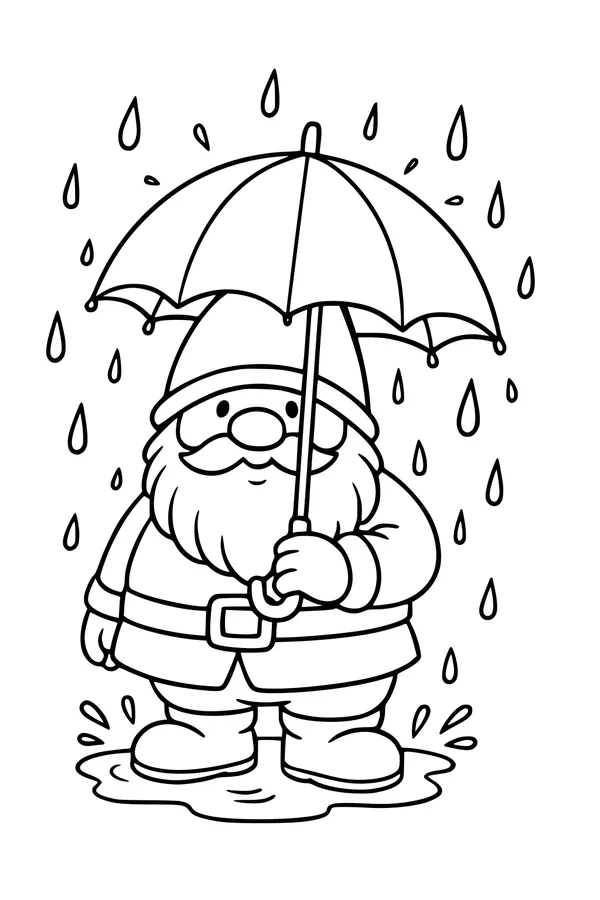 Free Gnome Coloring Page - Bearded Gnome With Umbrella in the Rain (Printable PDF)