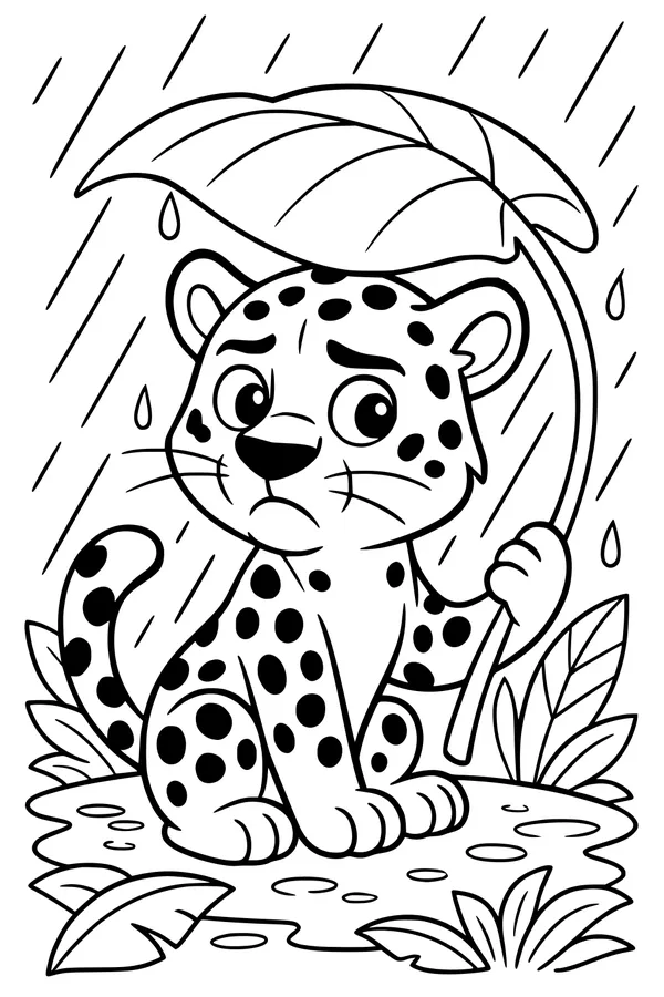 Free Jaguar Cub Coloring Page - Rainy Jungle Leaf Umbrella (Printable PDF)