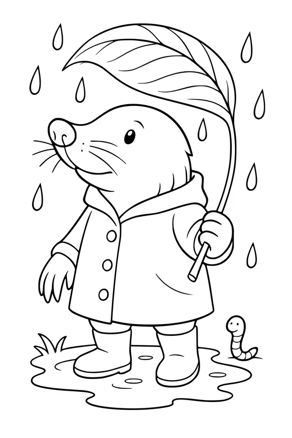 Free Mole Coloring Page - Rainy Day Stroll With Leaf Umbrella (Printable PDF)
