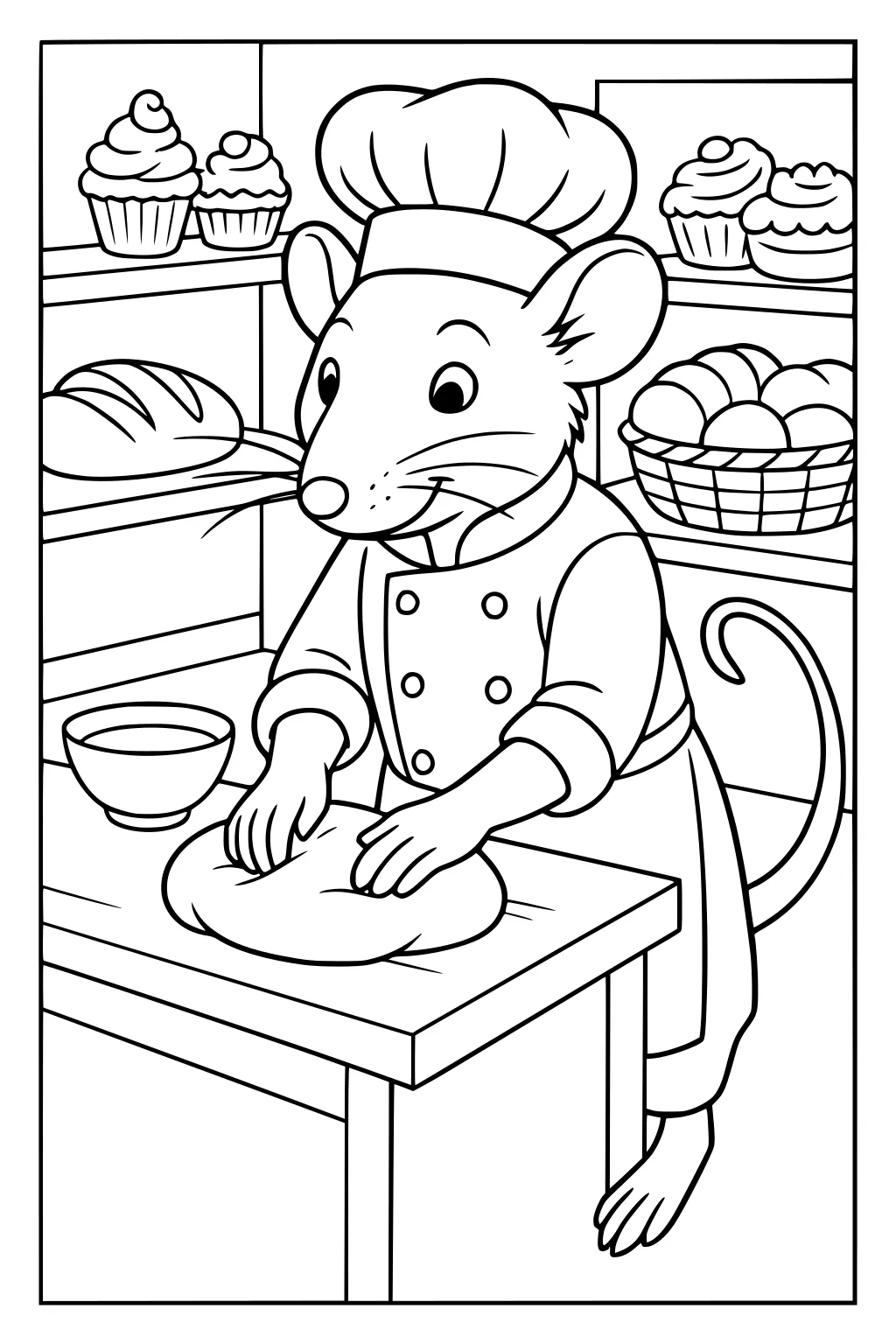 Chef rat kneads dough at a table with bread, cupcakes, and rolls on shelves in a bakery background.