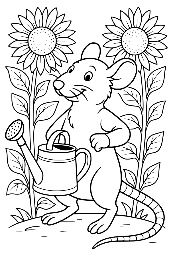 Free Rat Coloring Page - Helpful Garden Rat With Sunflowers (Printable PDF)