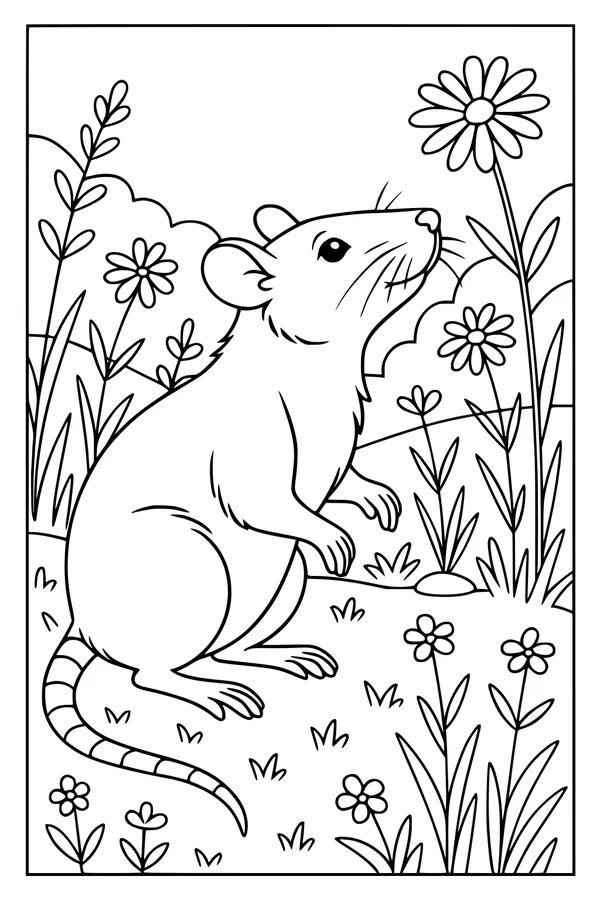 Free Rat Coloring Page - Whiskers in a Daisy Meadow (Printable PDF)