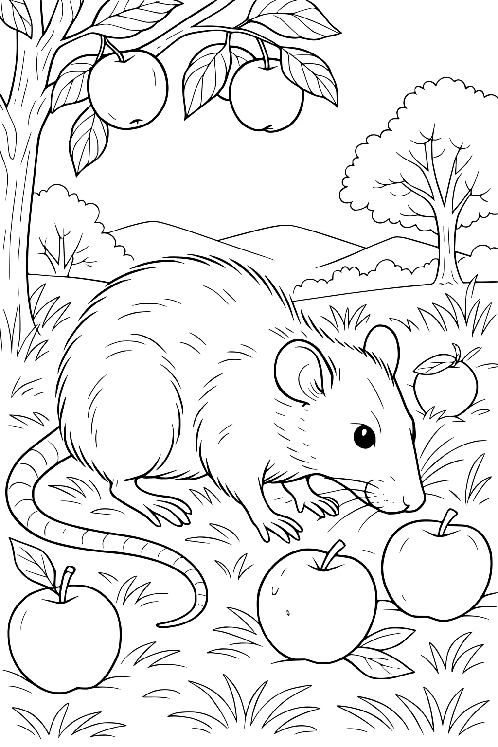 A rat sits among apples in the grass under an apple tree, with more trees and hills in the background.