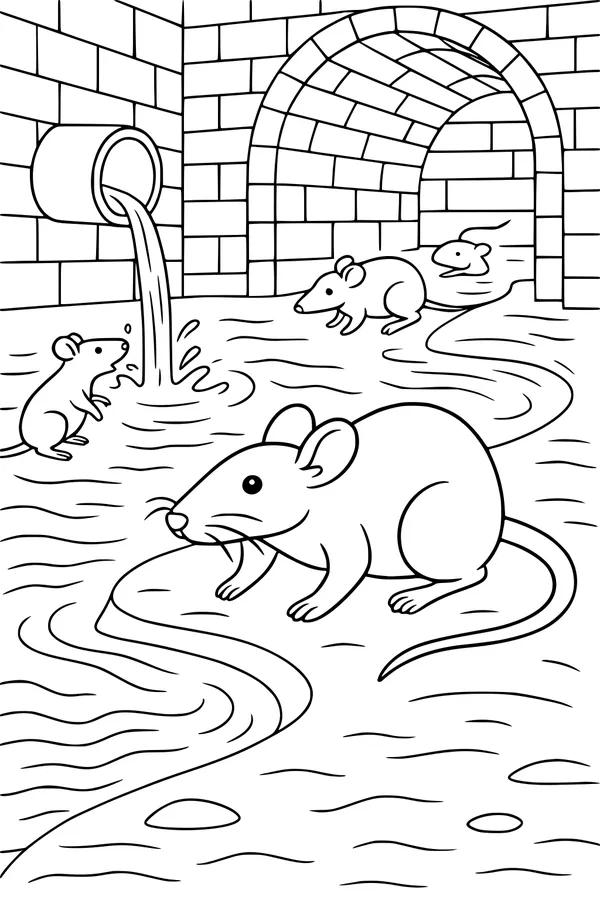 Free Rat Coloring Page - Busy Rats in a Brick Tunnel (Printable PDF)