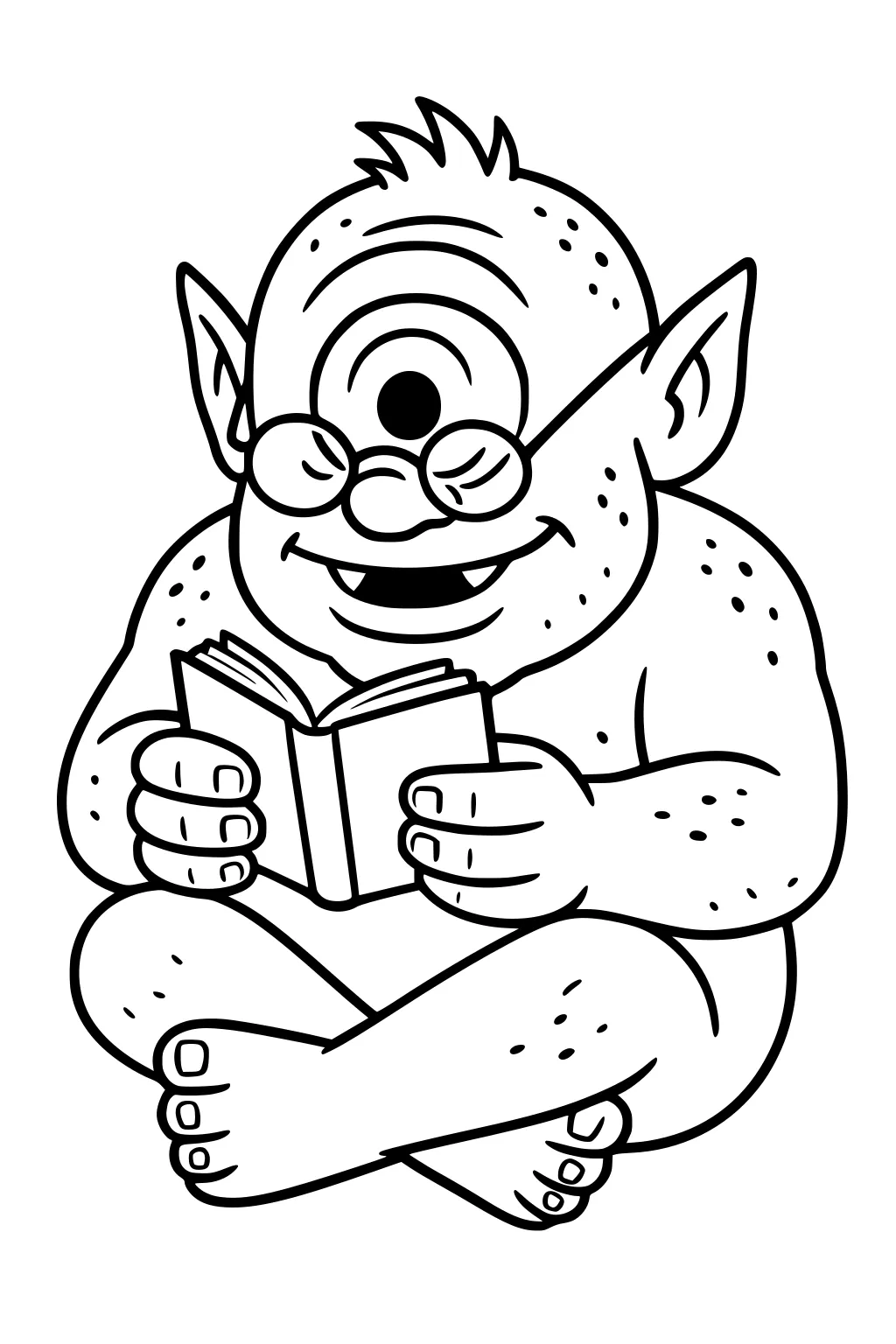 Smiling cyclops boy with glasses sits cross-legged reading an open book, with pointy ears, freckles, and a tiny hair tuft.